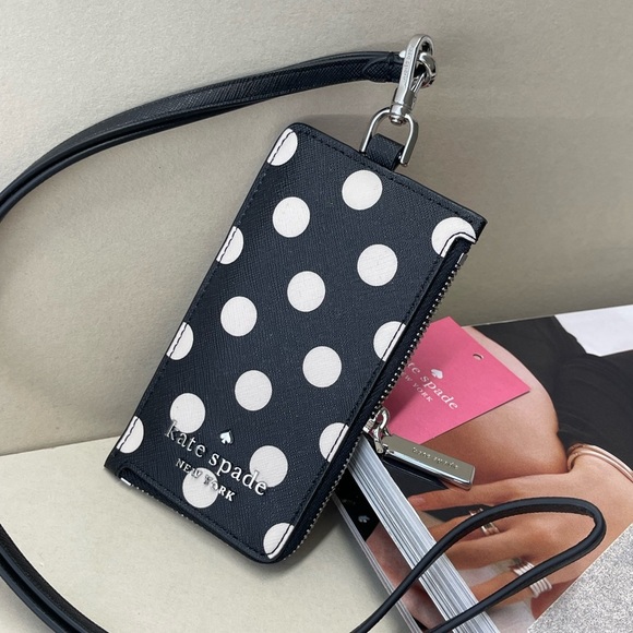 kate spade Handbags - (new+tag) Kate Spade polk dot lanyard ID / card case, zip up, cash slot black